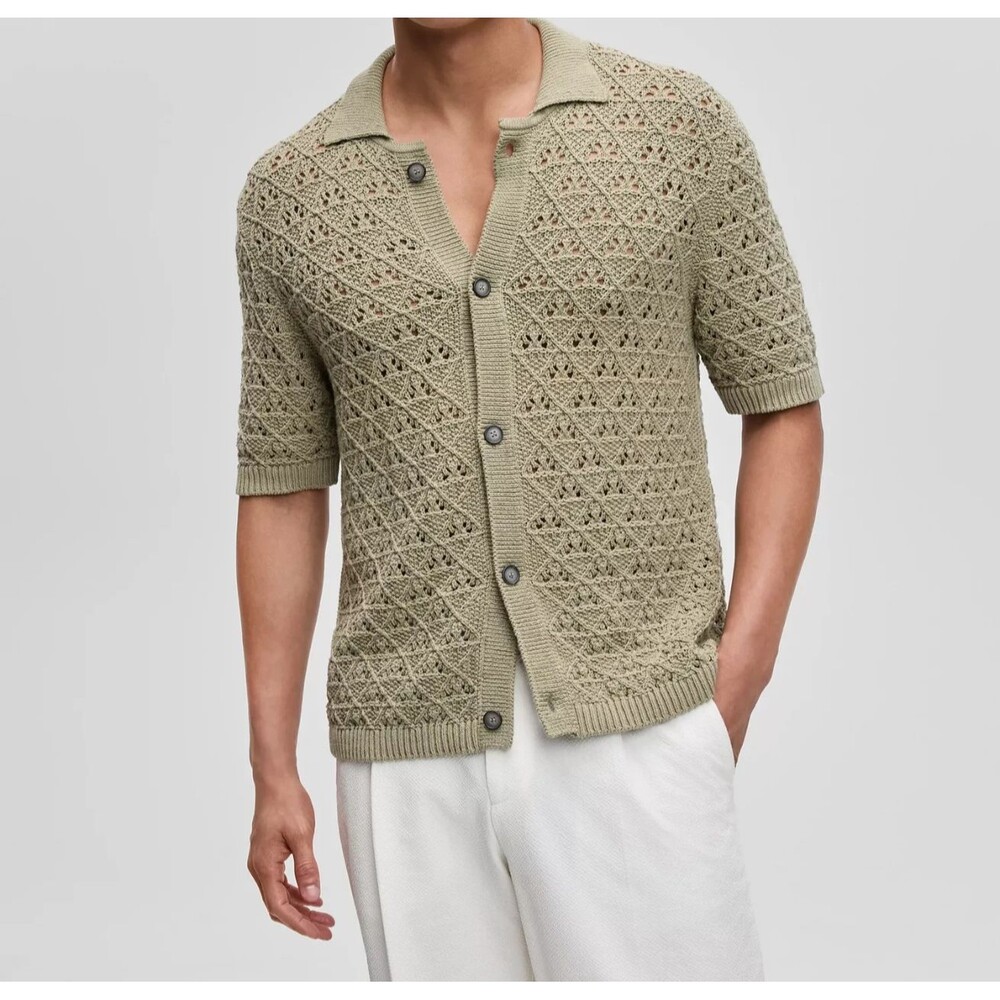 HUGO BOSS Button Shirt Mens XL Green Crochet Knit Textured Cotton SOMMP $198